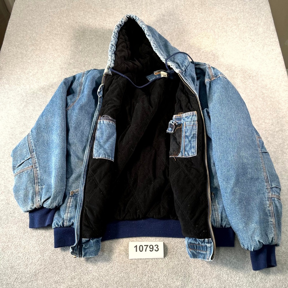 Brazos Work Jacket Mens XL Blue Denim Quilted Lined Ribbed Hem Hooded Drawstring